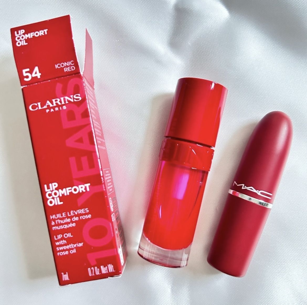Clarins lip oil & Mac retro matte lipstick. 707 Ruby woo.