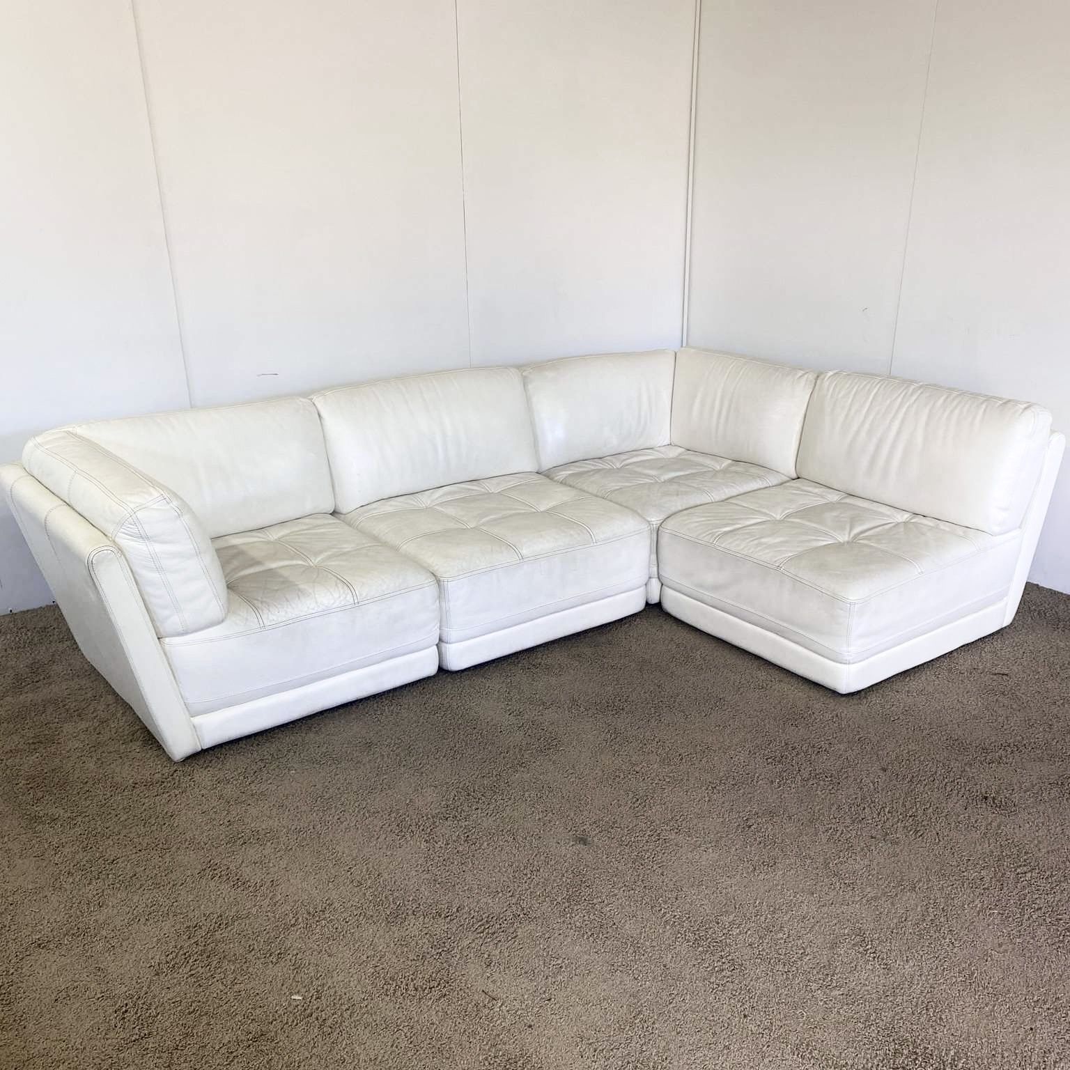 Ivory White Italian Leather 4pc Modular Sectional Sofa