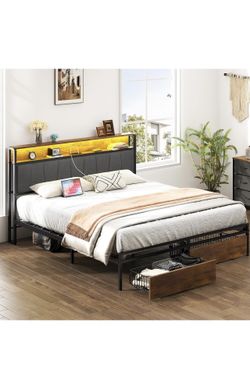 King Size Bed Frame with LED Headboard & Storage Drawers