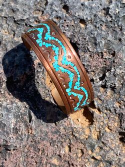 Vintage Navajo Singer Dodge (SD) Copper Cuff Bracelet Turquoise Chip Inlay Jewelry