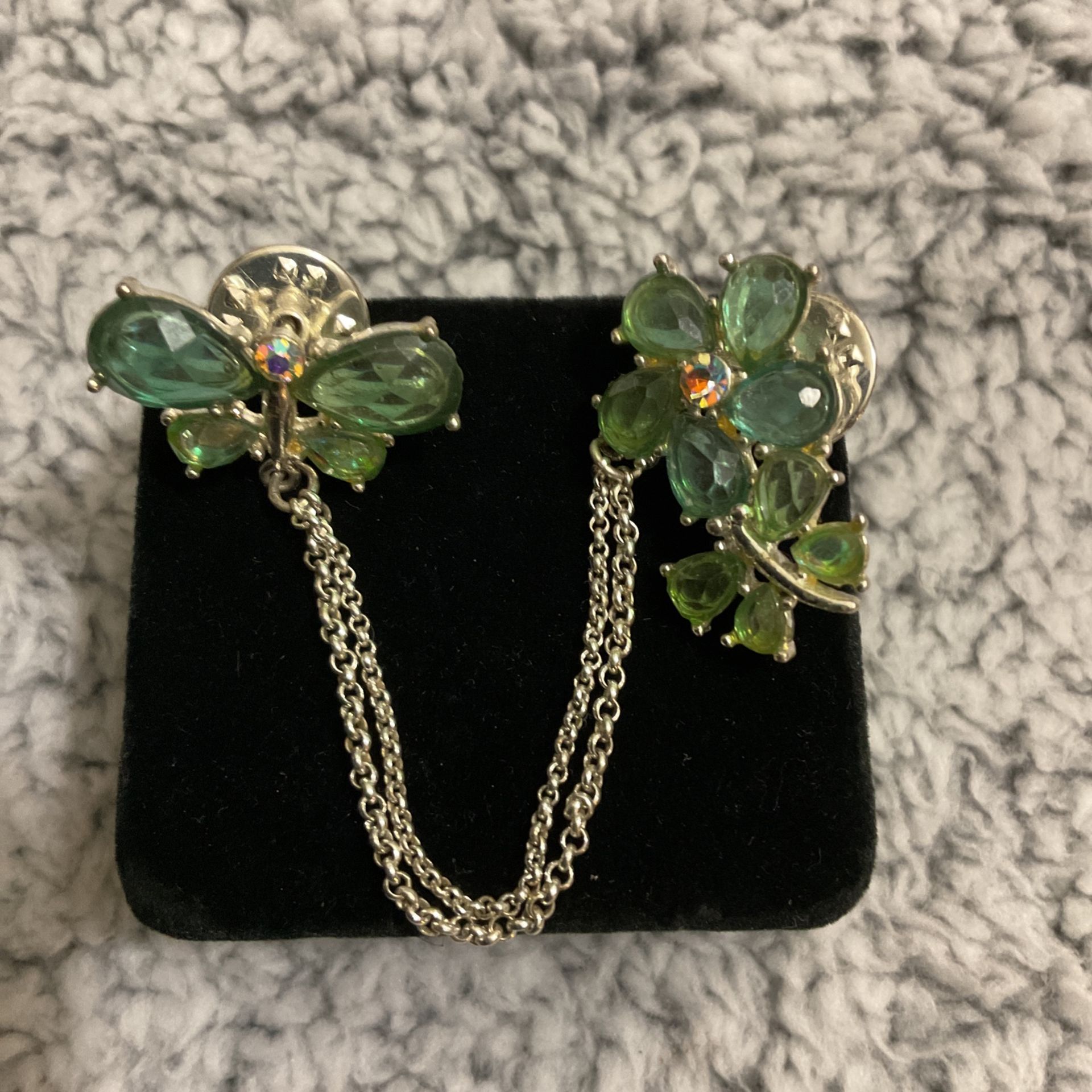 Silver Chain Attached Pins/brooches With Green Crystals (flower And Butterfly )