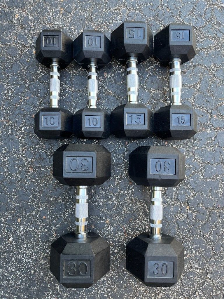 SET  OF  NEW  RUBBER  DUMBBELLS  (PAIRS OF)  :  10s  15s  30s