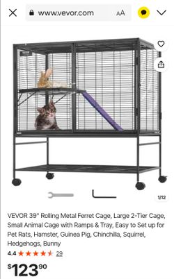 VEVOR 39" Rolling Metal Ferret Cage, Large 2-Tier Cage, Small Animal Cage with Ramps & Tray, Easy to Set up for Pet Rats, Hamster, Guinea Pig, Chinchi