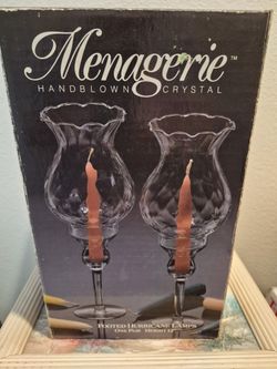 Brand New Menagerie Handblown Crystal Footed Hurricane Lamps Set of 2  12" High 