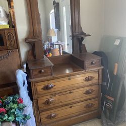 Antique Bureau With Original Mirror And Multiple Drawers.