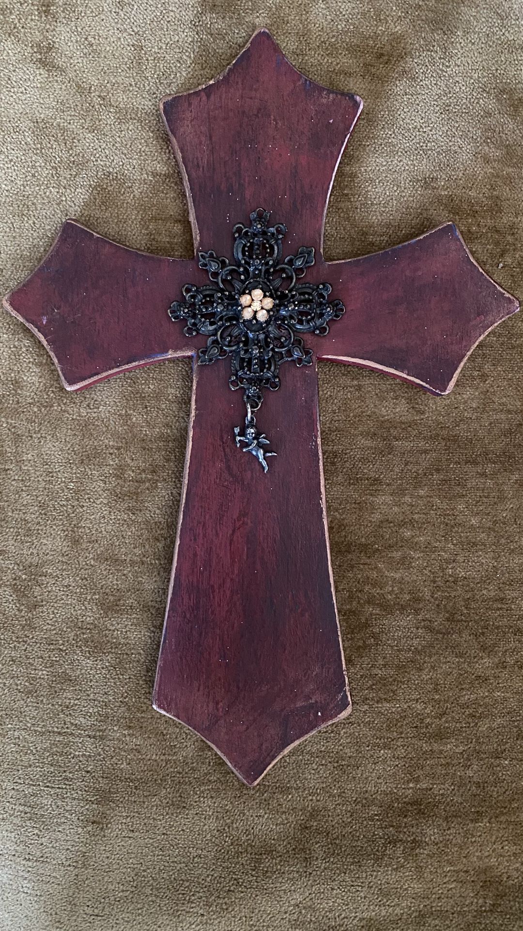 One Of A Kind Wooden Cross Embellished With Metal Accent And Small Cherub Angel