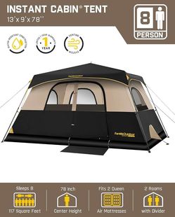 FanttikOutdoor 8Person Instant Tent for Camping Setup in 60s Camping Tent with Rainfly & Windproof, Portable Instant Cabin Tent with Carry Bag for Fam