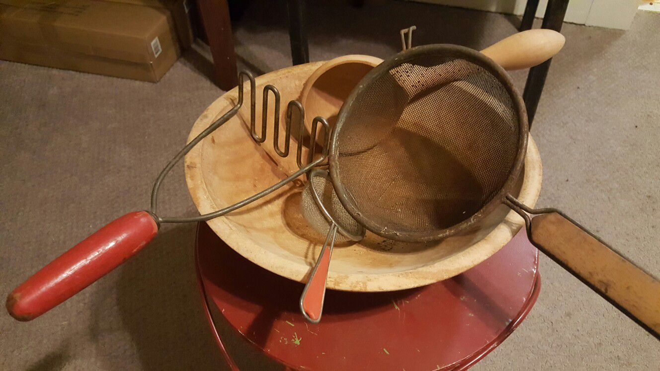 Antique Wooden dough bowl with vintage wooden handled kitchen utensils