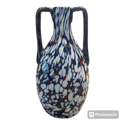 Vintage 70's Handcrafted Blown Multicolor Murano Style Amphora Vase aW Twin Handles 8"H
