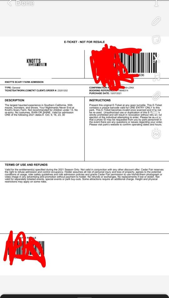 Knotts Scary Farm Ticket Good For 10/23 Or 10/30