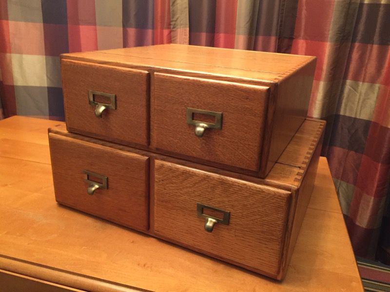 Antique file cabinet (stackable) index card library 2 drawer solid oak