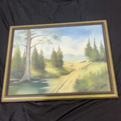 Vintage Original oil painting on canvas signed by artist farm woods