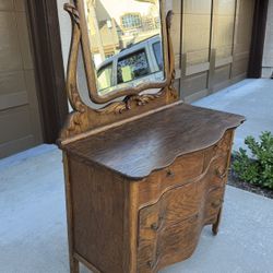 Antique Tiger Oak Dresser w/ Beveled Swivel Mirror 