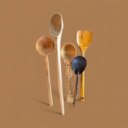 FIVE Hand-carved International Wood Spoon Collection from Different Countries.