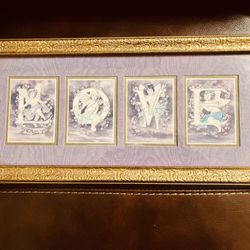 PRETTY PRINT IN FRAME “LOVE”EACH LETTER HAS IT'S OWN WINDOW  FAUX  SILK PRINT ON THE cardboard MAT GOLD ANTIQUED COLOR FRAME