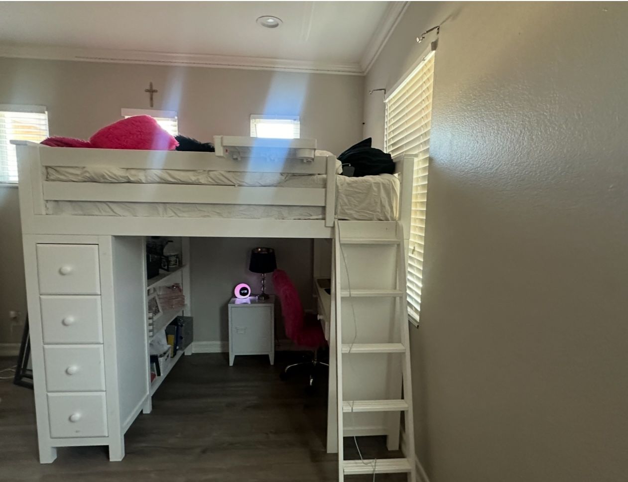 Full size bed with attached desk & shelves& drawers