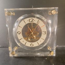 SEIKO Vintage Brass/Acrylic Lucite Skeleton Quartz Table Clock (Height: 7”)