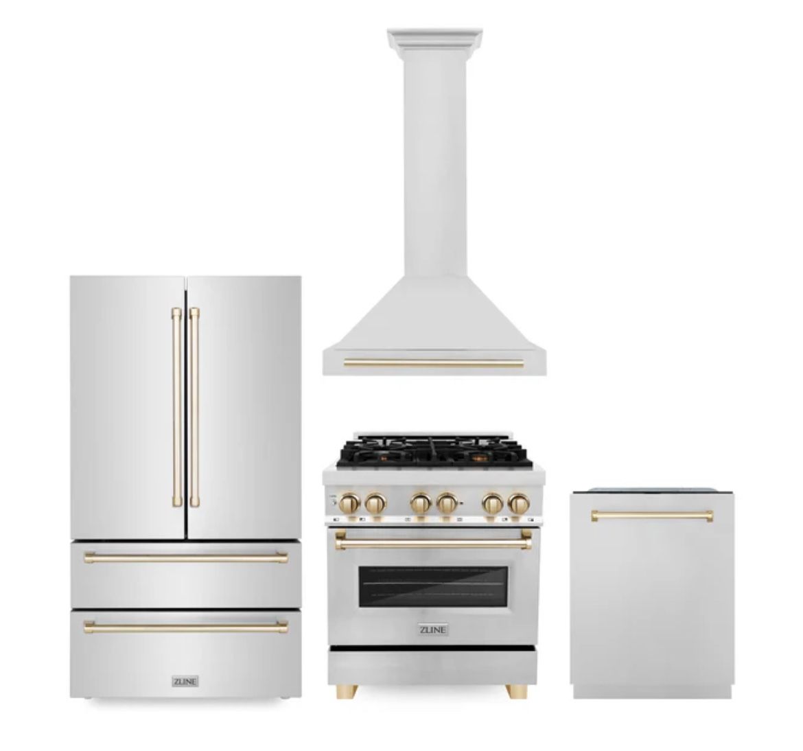 ZLINE 30" Autograph Edition Kitchen Package with Stainless Steel Dual Fuel Range, Range Hood, Dishwasher and Refrigeration with Polished Gold Accents