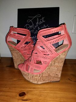 Just Fab We Coral Cork Wedges size 8