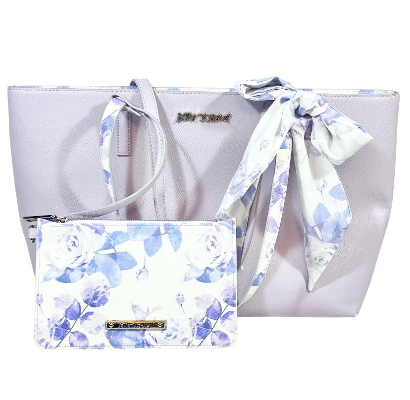 Betsey Johnson Bag Large Lavender Tote Bag Bow w/ White Floral Print Wallet