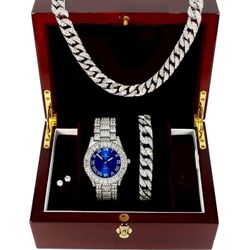 4-Pcs Men's Iced Out 14K White Gold-Plated Cubic Zirconia Wrist Watch W/20"Cuban Necklace+Bracelet+Stud Earrings