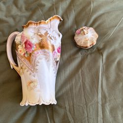 Unmarked Antique Pitcher And Salt Pepper Shakers