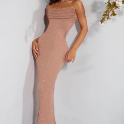 Oh Polly Embellished Bandeau Cowl Neck Maxi Dress in Beige