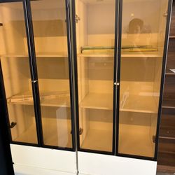 Modern Lighted Glass Display Cabinet with Two Drawers, Dining China Hutch with 3 Tiers Storage Shelves, Wooden Curio Display Showcase for Living Room 