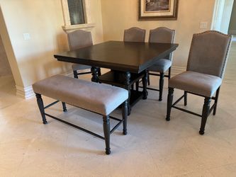 Dining Table Set with 4 Upholstered Chairs & Bench”