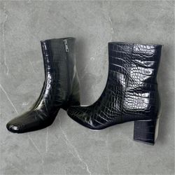 Black Ankle Boots with Crocodile Design