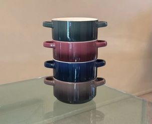 4 Stackable Mikasa Gourmet Basics Ombré Double Handle Glazed Ceramic Soup Bowls Brown Blue Green Burgundy