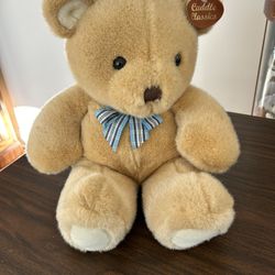 Commonwealth Cuddle Classic 18 Inch Brown Stuffed Teddy Bear With Plaid Blue Gray Ribbon