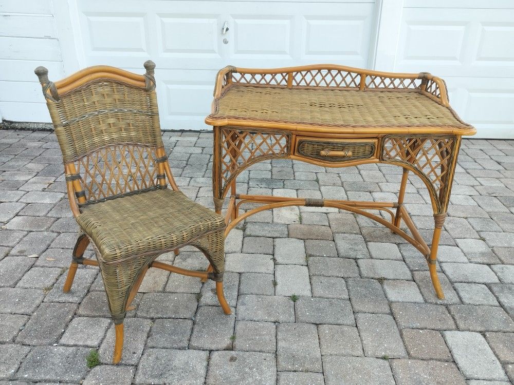 Vintage Two Toned Bamboo and Wicker Multipurpose Desk With Matching Chair. See Full Description