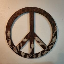 3' ft handcrafted wood peace sign with seashell accents hanging wall decor