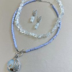 Natural Opal & Polymer Clay Beads Necklace Set with Natural Opal Pendant and Rhodium Plated Earrings - Blue & silver - Handmade Necklace