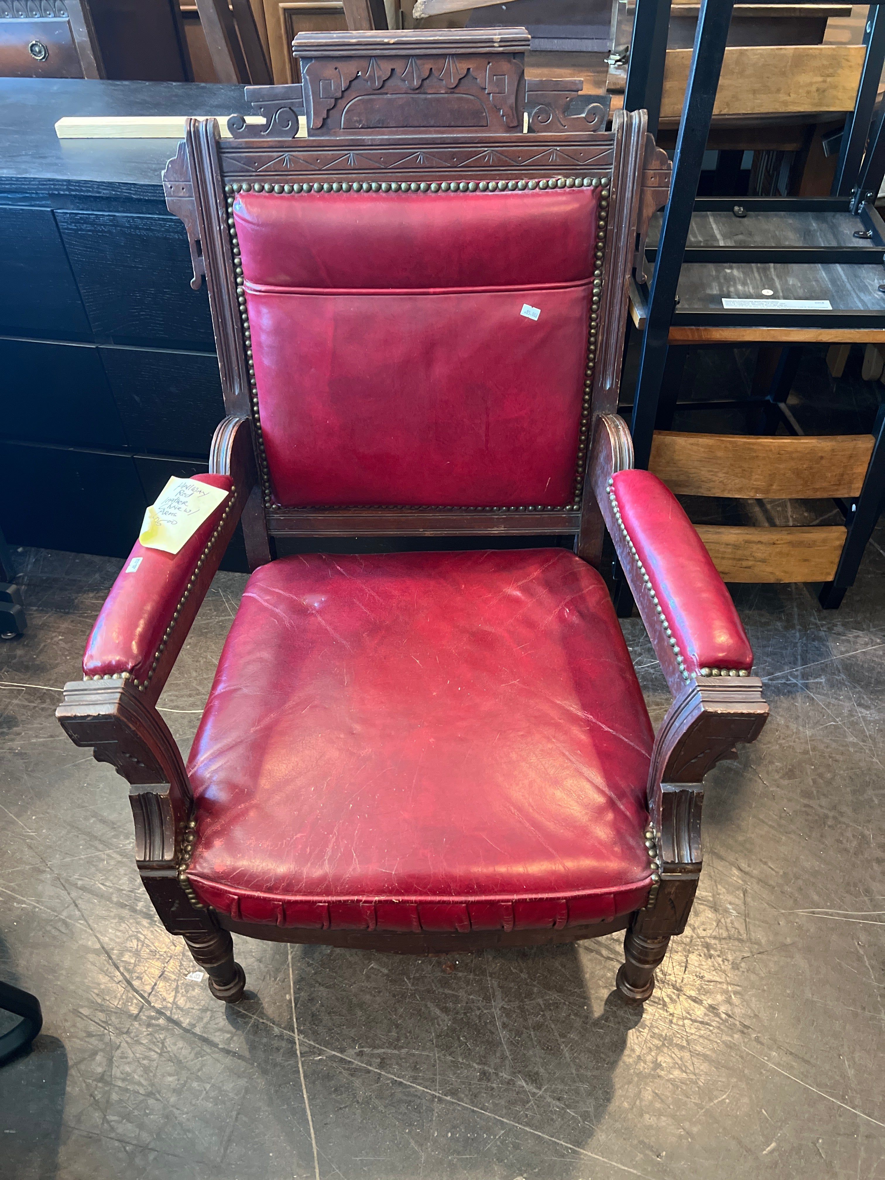 Antique Wood and Red Leather Accent Chair