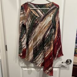 Melissa Paige Tunic Top Women’s Size L 3/4 Sleeve Crinkly Asymmetrical Hem. 