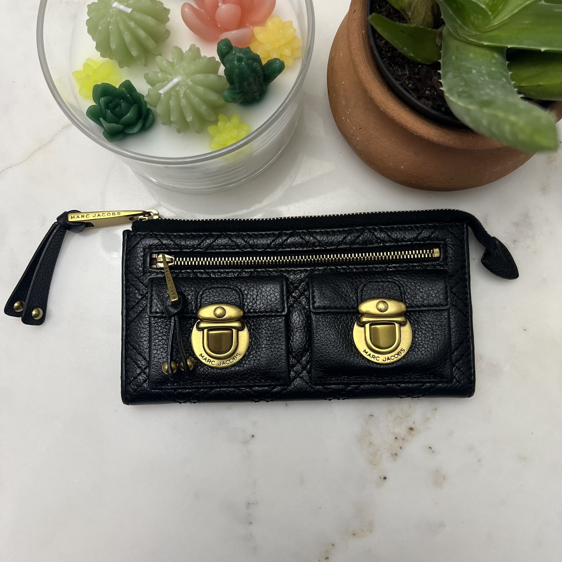 Marc Jacobs Black Quilted Leather Long Wallet w/ Push lock pockets