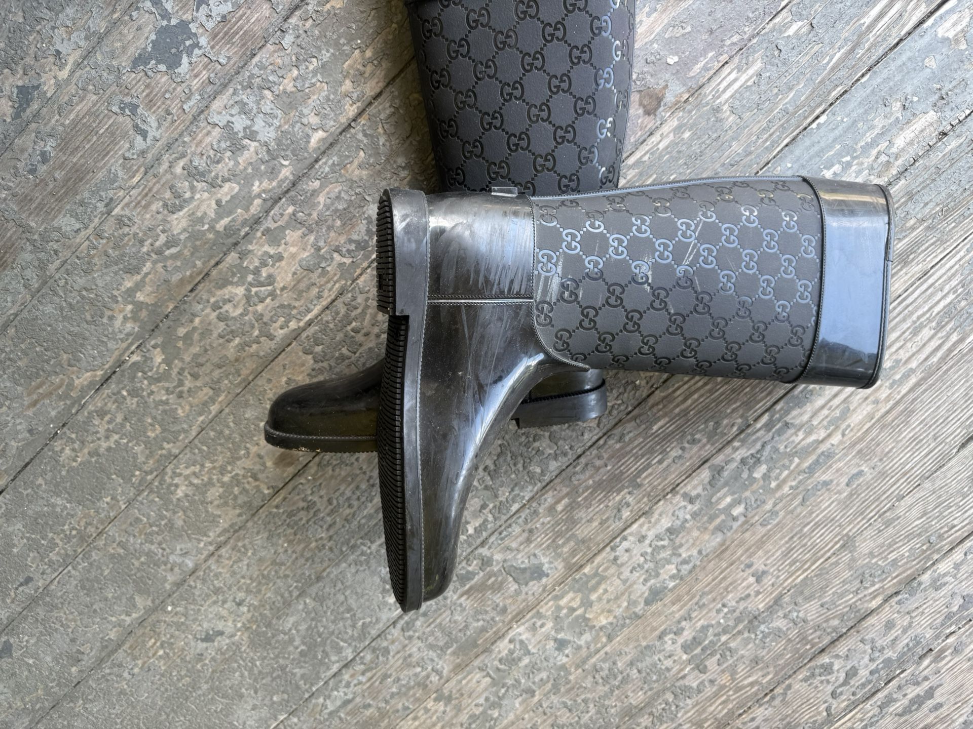 Gucci Boots Heel GG Rain Boots Long Boots PVC Black EU38/US8 59966c