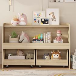 Toy Storage Organizer, 2 Tier Montessori Shelf with Movable Bins, Toy Organizers Book Shelf for Kids Room, Playroom, Nursery (Wood)