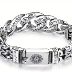 Geometric Stitching Men's Retro Domineering Bracelet, Safety Pattern Silver Plated Cuban Chain Chain, Lucky Bracelet,