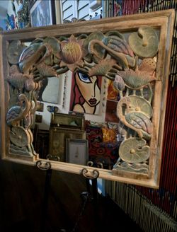 MCM Handcarved Wooden Mirror featuringa scenic Lotus and Crane Design  Thailand 31.5"×26.5"