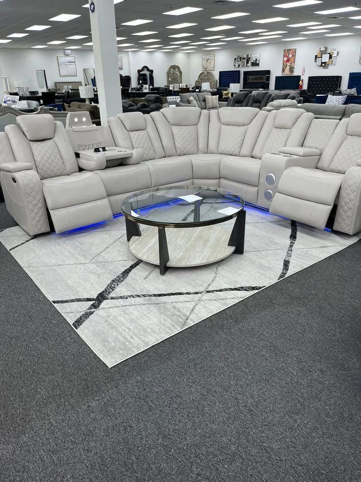Large Power Reclining Sectional w/Adjustable Headrest & Wireless Speakers