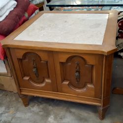 Vintage Mediterranean Style Marble Top End Table - Solid Wood, Storage Cabinet