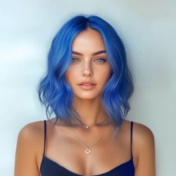 Short Blue Synthetic Wigs Shoulder Length Bob Curly Wavy 16 inches