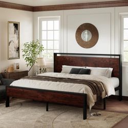 King Size Platform Bed Frame with Wooden Headboard S-59