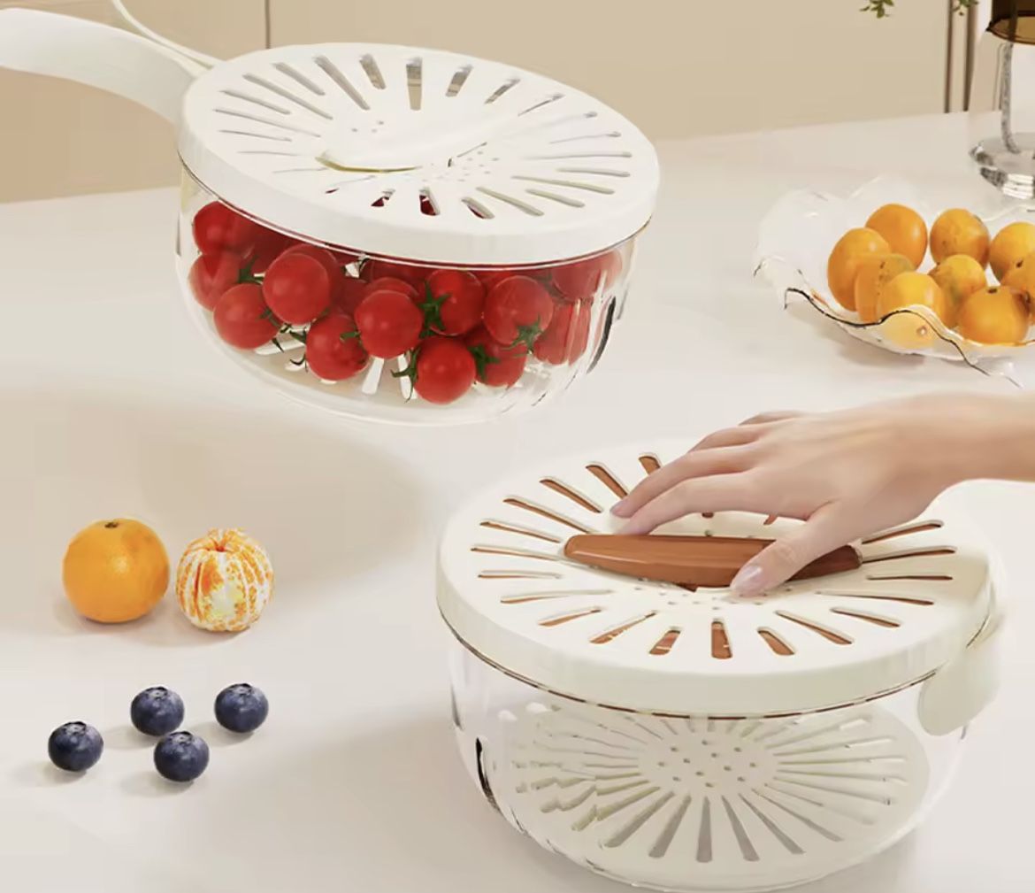 New Drain Basket with Lid Fruit Rice Washing Drain Basket with Handle Refrigerator Storage Bowl Home Kitchen Organizer