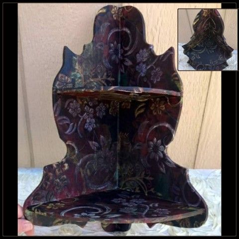 VINTAGE WOOD WOODEN FLORAL FLOWER ACCENT CORNER SHELF 2-TIER LEDGE KNICKKNACK TRINKET DECOR DISPLAY
