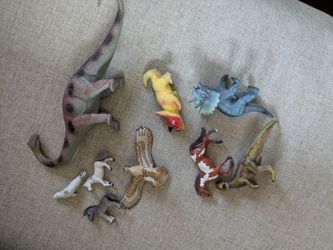 Toy dinosaurs, horses, bird, baby sea lion