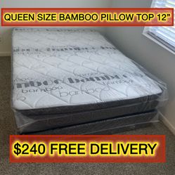 Queen Bamboo mattress pillow top set with box spring (2pc - new) 